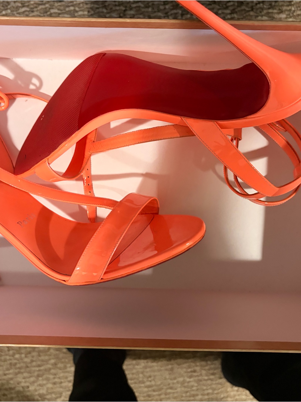 Christian Louboutin Neon Orange Patent Strappy High Heel Sandals